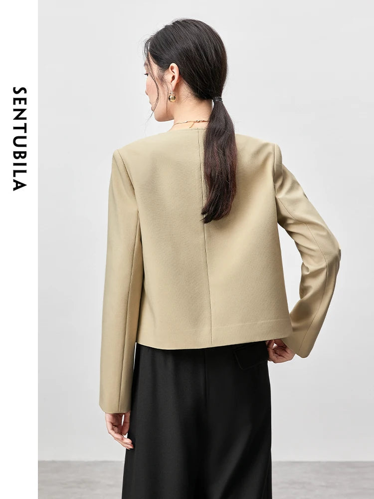 SENTUBILA V Neck Ribbons Cropped Padded Shoulder Blazer Light Khaki