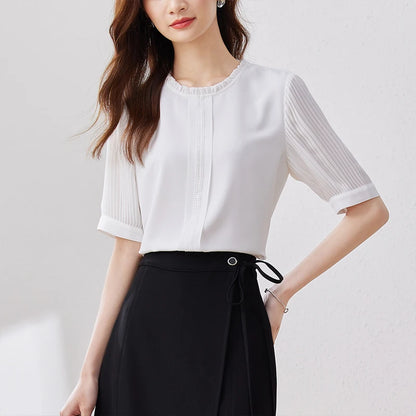 SENTUBILA Summer Chiffon White Shirt Pleated Short Sleeve Elegant Basic Shirts & Blouse