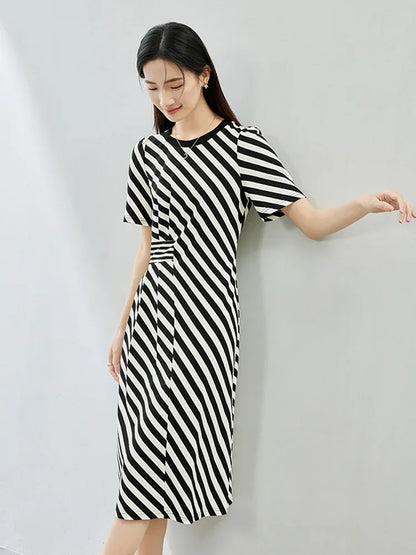 SENTUBILA Black White Striped Spliced Dress For Women 2024 Summer New Round Neck Short Sleeve Midi Dresses Clothing 142L53548