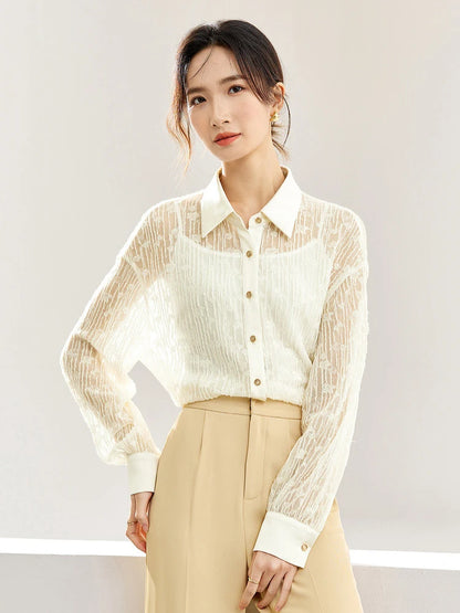 SENTUBILA Jacquard Lace Shirts 2-Piece Set Elegant Long Sleeve Tops Button Up Shirts Camisole