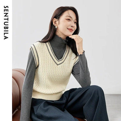 SENTUBILA Knitted Vest V Neck Screw Thread Sleeveless