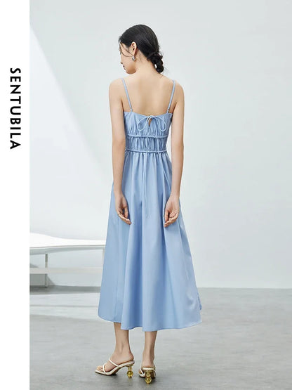 SENTUBILA Blue Spaghetti Strap Vacation Dress for Women 2024 Summer Elegant Sleeveless Pockets Shirring Long Dresses 141L53110