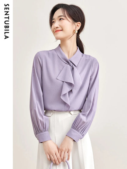 SENTUBILA Elegant Bow Neck Chiffon Blouse