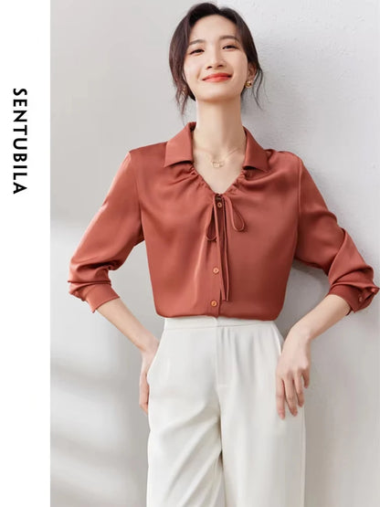 SENTUBILA Elegant Collared V Neck Chiffon Relaxed Fit Blouse