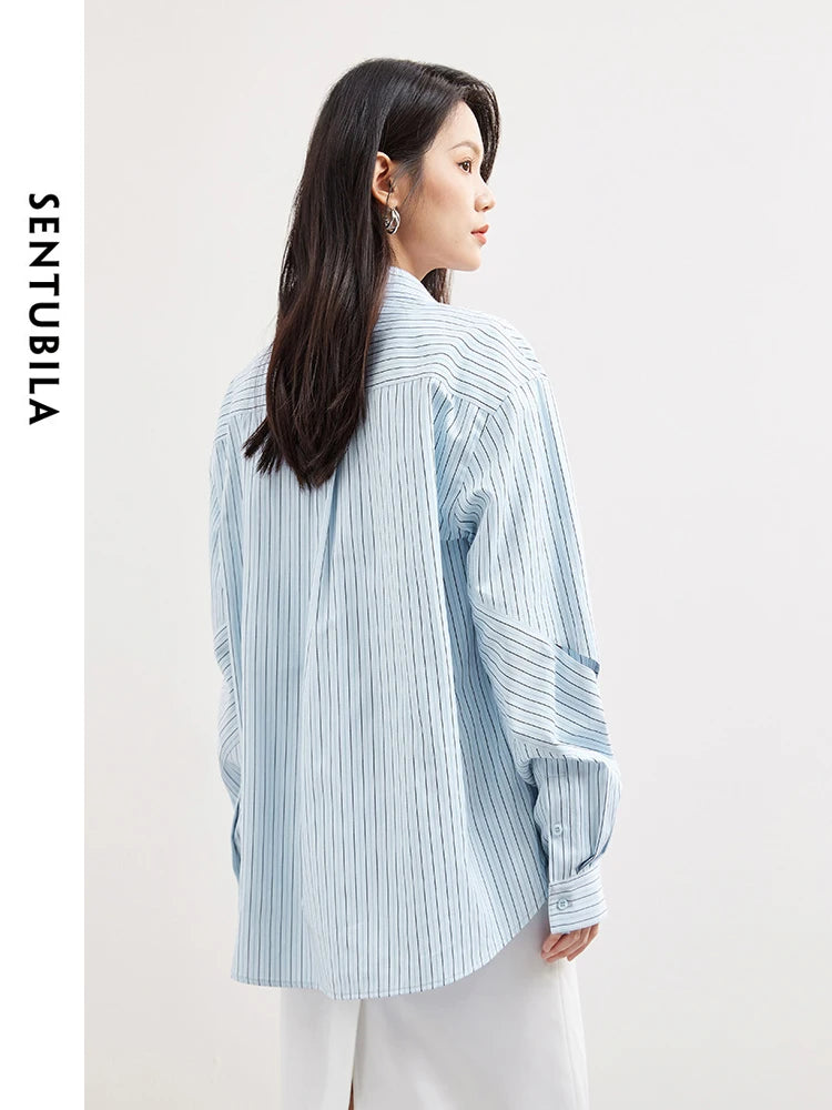 SENTUBILA Irregular Striped Blouse Hollow Out Casual Button Up Polo Collar