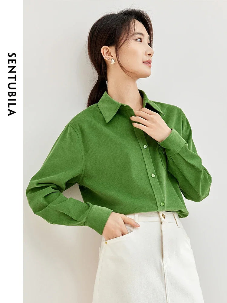 SENTUBILA Cotton Corduroy Shirt Lapel Single Breasted Green Loose Blouse