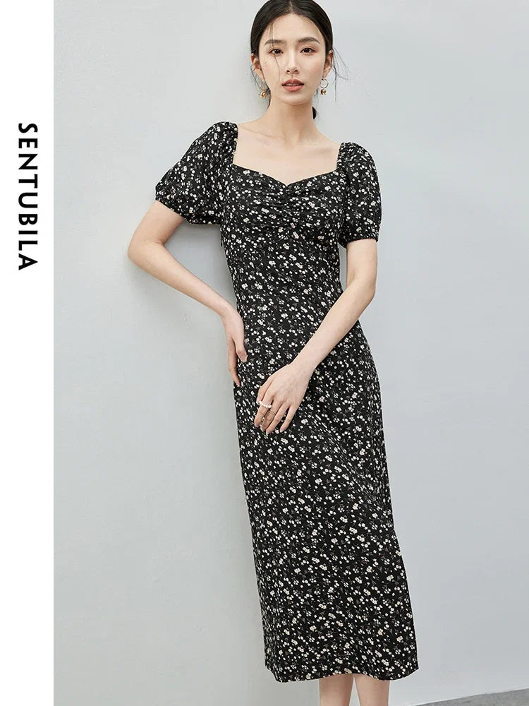 SENTUBILA Women Straight Print Dress   2024 Summer Diamond Collar Slit-hem Short Sleeve Floral Dress Holiday Dress 142L54849