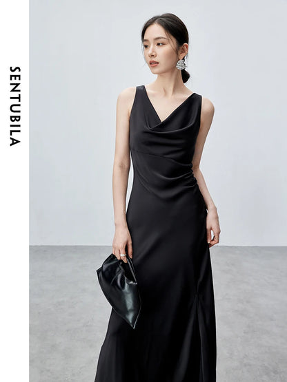 SENTUBILA Women Elegant Glossy Satin Black Dress Female 2024 Summer Slim Fit Sleeveless Slit Maxi Dress Party Club 142L55009