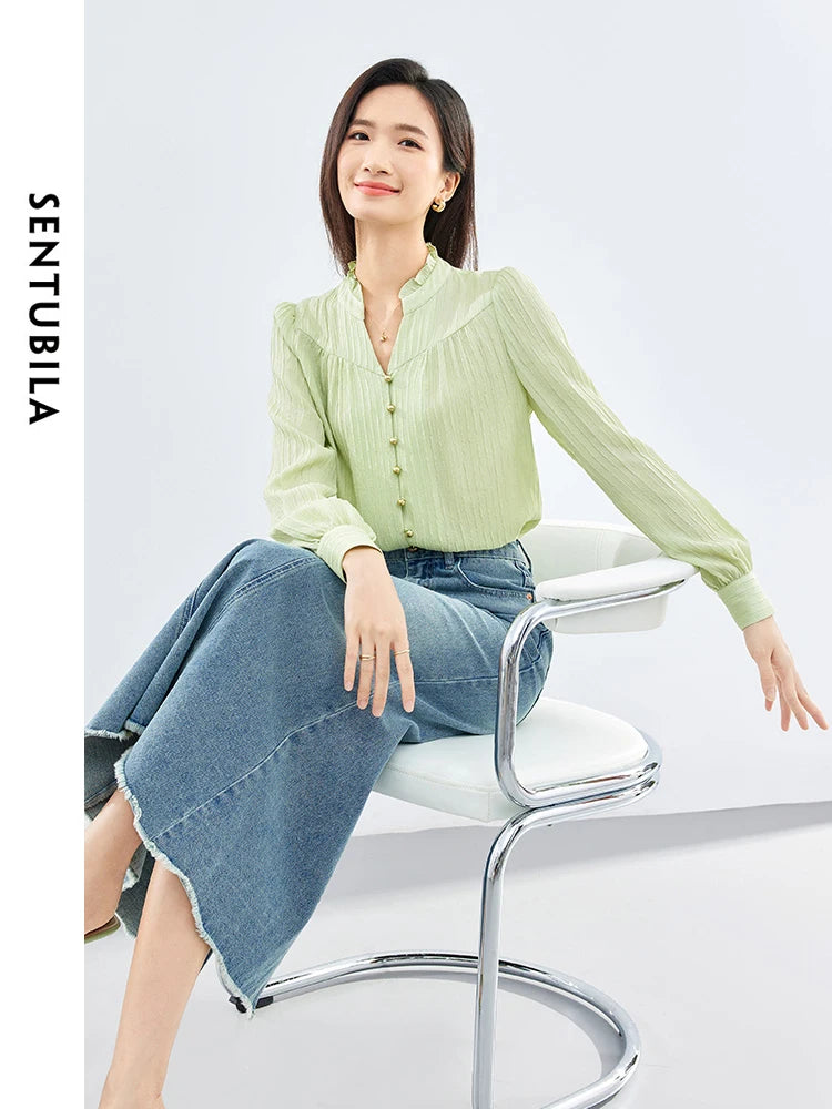 SENTUBILA Button Up Blouse Light Green Elegant Stand Collar