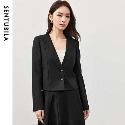 SENTUBILA Cropped Tailored Straight Texture V Neck Long Sleeve Single Breasted Blazer