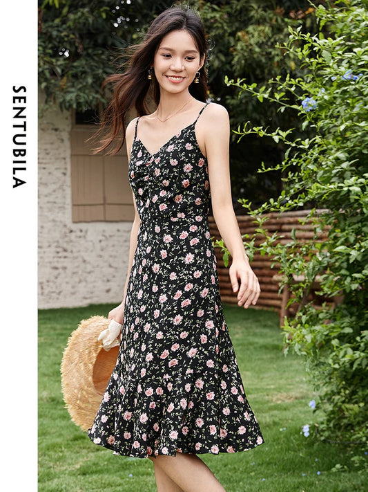 SENTUBILA Summer Floral Spaghetti Strap Dresses for Women 2024 Elegant Sexy V Neck Sleeveless Waisted Swing Midi Dress 123L42563