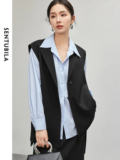 SENTUBILA Loose Vest Single Button Sashes Simple