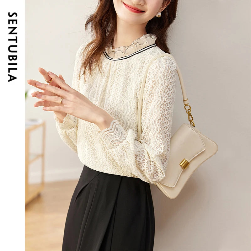 SENTUBILA Office Lace Blouse Elegant Spliced Ruffles Neck Lantern Sleeve