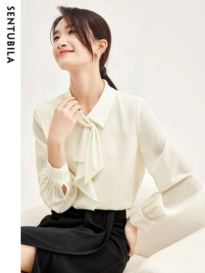 SENTUBILA Elegant Bow Neck Chiffon Blouse