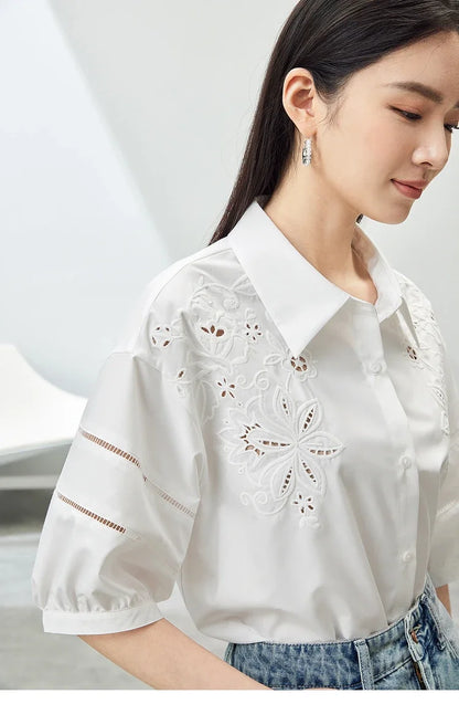 SENTUBILA White Floral Embroidery Hollow Out Three Quarter Sleeve Polo Collar Blouse