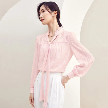 SENTUBILA Fashion Woman Chiffon Blouse Gentle Lantern Ruffle Neck Lace-Up