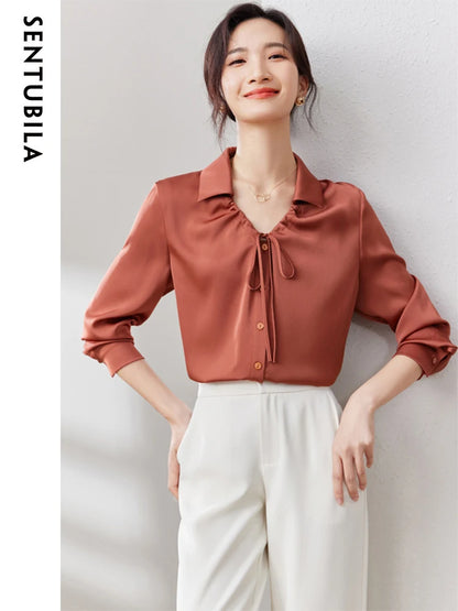 SENTUBILA Elegant Collared V Neck Chiffon Relaxed Fit Blouse