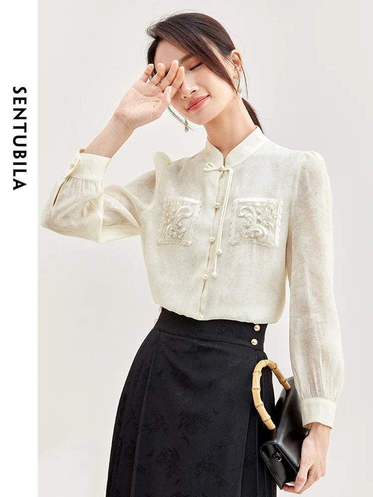 SENTUBILA Chinese Style Elegant Blouse Stand Collar Long Sleeve