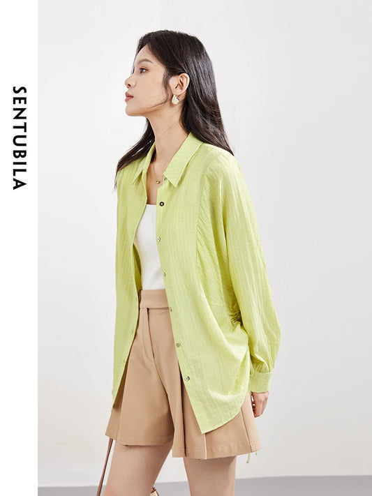 SENTUBILA Green Side Shirring Button Up Blouse