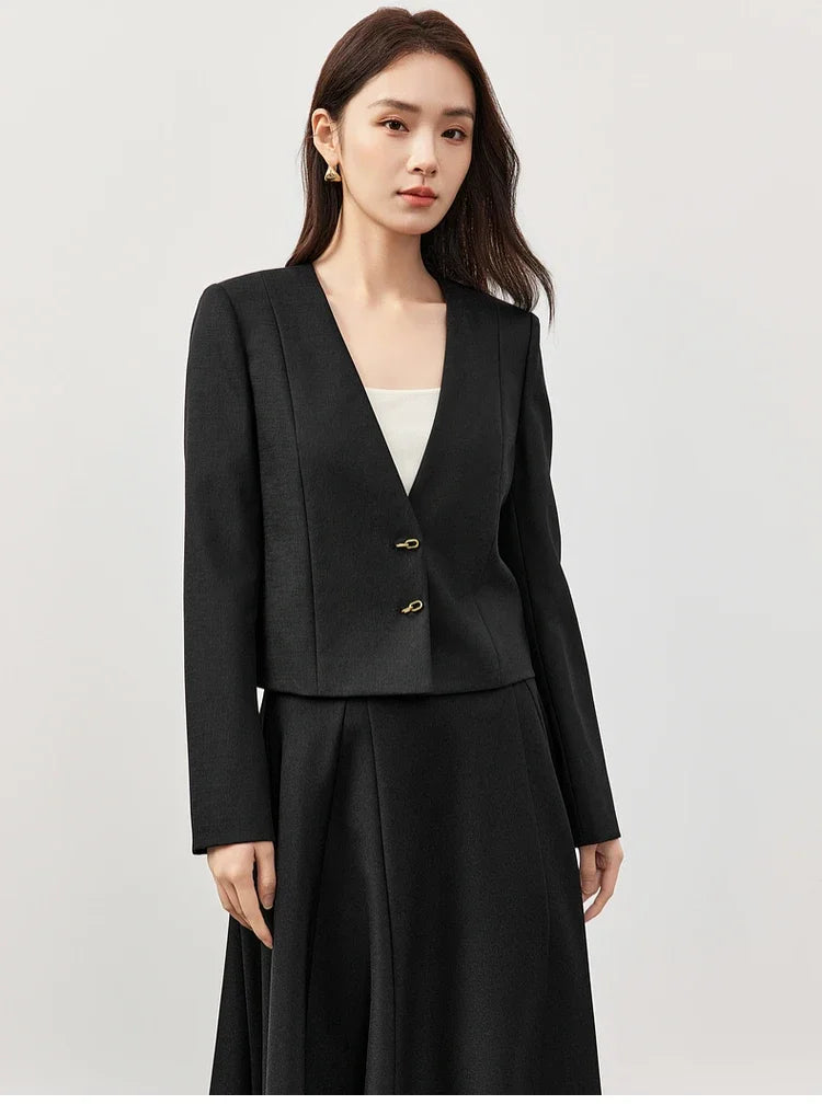 SENTUBILA Cropped Tailored Straight Texture V Neck Long Sleeve Single Breasted Blazer