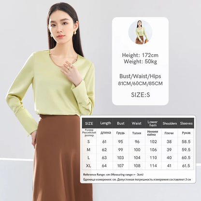 SENTUBILA Green Satin Blouse Elegant Chain V Neck Long Sleeve Simple