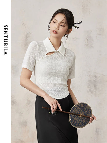 SENTUBILA White Hollow Out Slim Cropped Lace Summer Chinese Style Polo Collar Split Short Sleeve Blouse