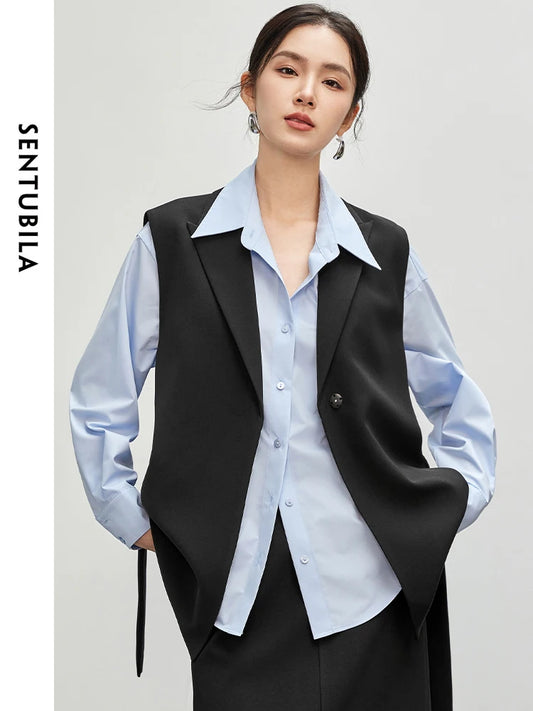 SENTUBILA Loose Vest Single Button Sashes Simple