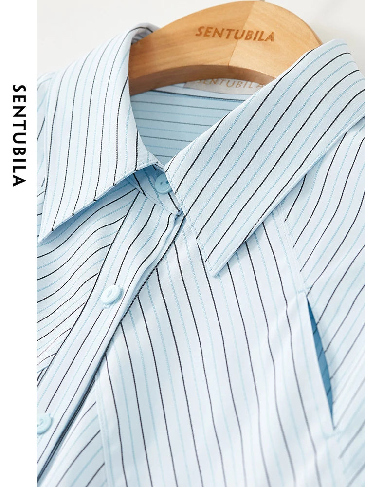 SENTUBILA Irregular Striped Blouse Hollow Out Casual Button Up Polo Collar