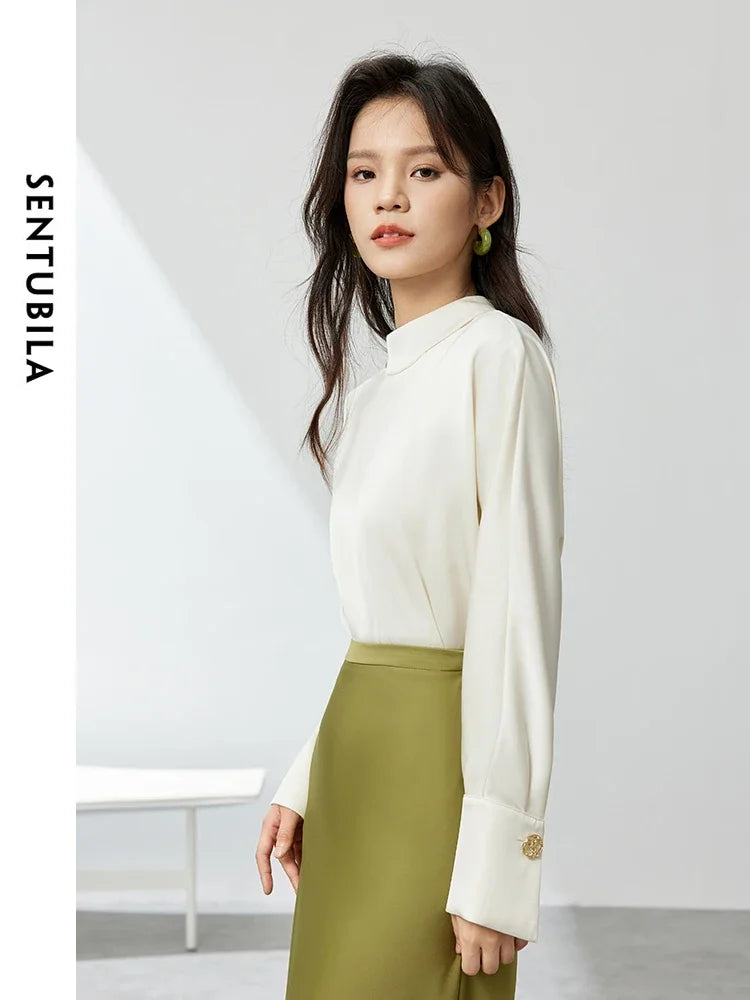 SENTUBILA Commute White Chiffon Blouse Cut Out Elegant Long Sleeve