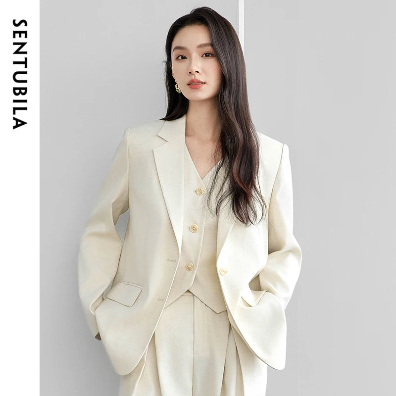 SENTUBILA Straight Linen Blazer Single Breasted Outerwear