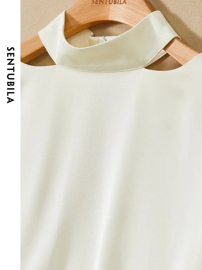 SENTUBILA Commute White Chiffon Blouse Cut Out Elegant Long Sleeve