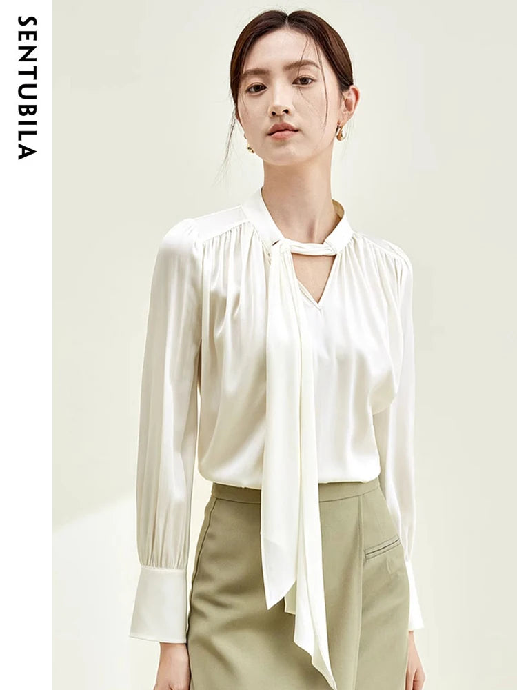 SENTUBILA Bow Tie Shirts & Blouses Elegant Chiffon Blouse V Neck