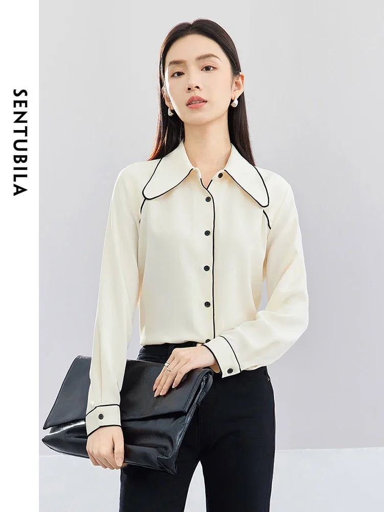 SENTUBILA Fashion Contrast Polo Collar Shirt Elegant Button Up Blouse