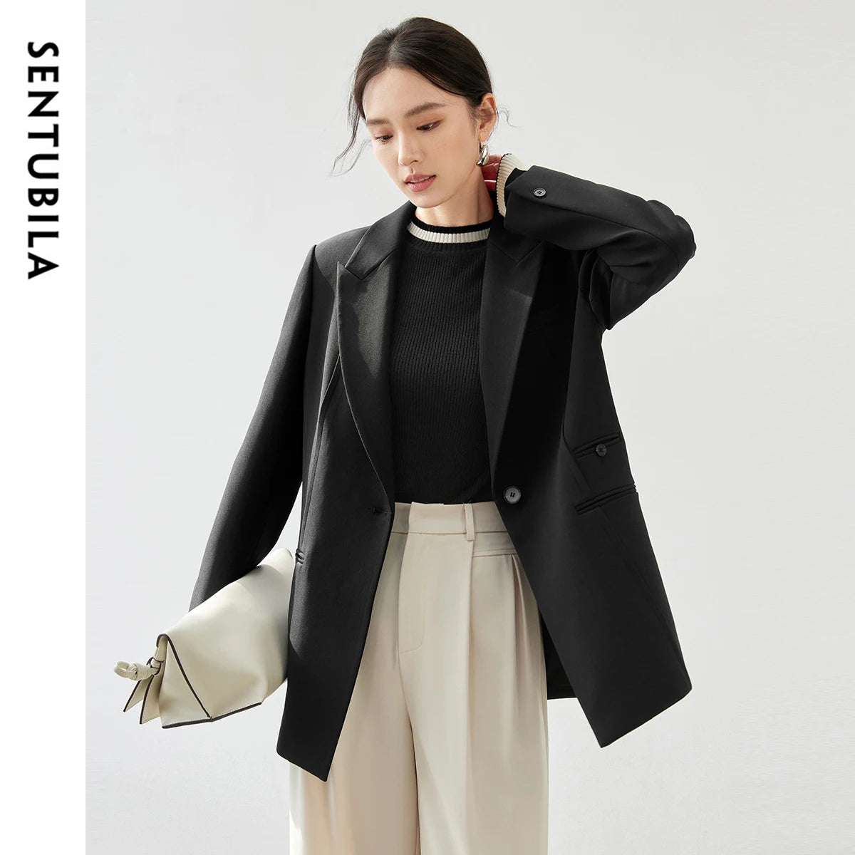 SENTUBILA Texture Twill Blazer Collar Shoulder Pads Workwear