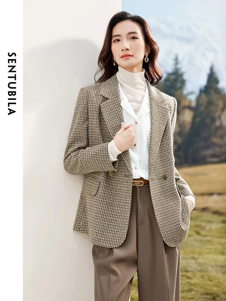 SENTUBILA Vintage Plaid Blazer Women Straight Tailored Coat