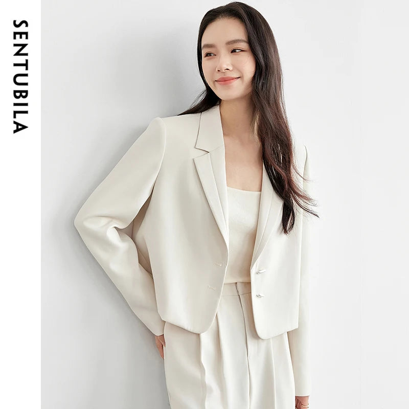 SENTUBILA Straight Crop Blazers Notched Neck Shoulder Pads