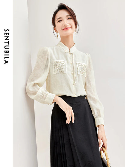 SENTUBILA Chinese Style Elegant Blouse Stand Collar Long Sleeve