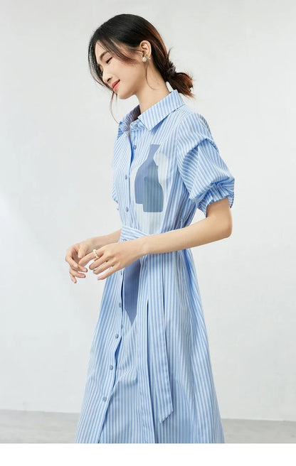 SENTUBILA Striped Casual Shirt Dress for Women 2024 Printed Polo Collar Button Up Straight Short Sleeve Summer Dress 142L53513