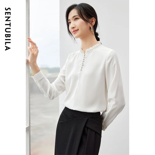 SENTUBILA White Blouse Casual Loose Chiffon Stand-up Collar Long Sleeve Elegant