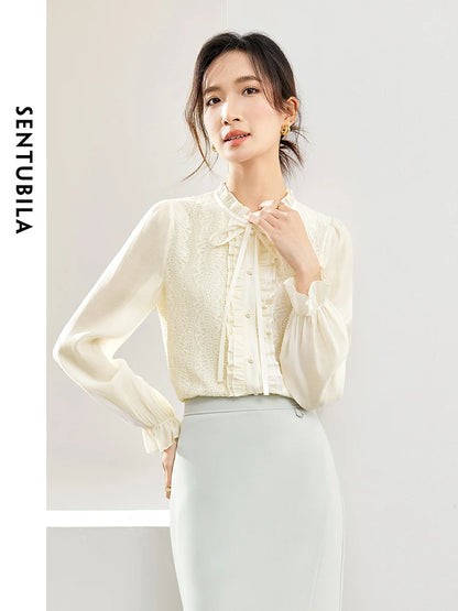 SENTUBIL Lace-up Ruffled Lace Blouse Elegant Button Up Blouse