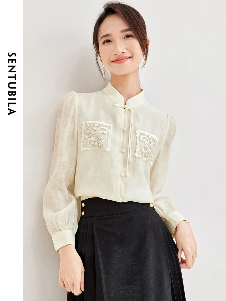 SENTUBILA Chinese Style Elegant Blouse Stand Collar Long Sleeve