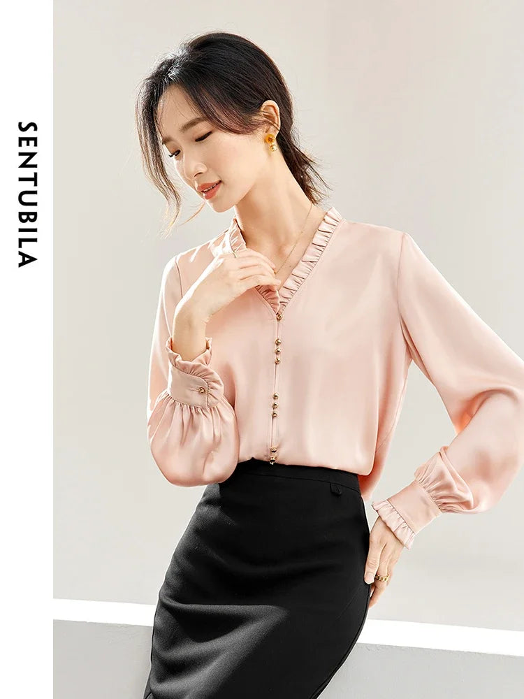 SENTUBILA French Satin Shirt Elegant Long Sleeve Ruffled V-neck Blouse Clothing