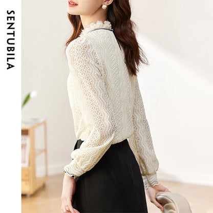 SENTUBILA Office Lace Blouse Elegant Spliced Ruffles Neck Lantern Sleeve