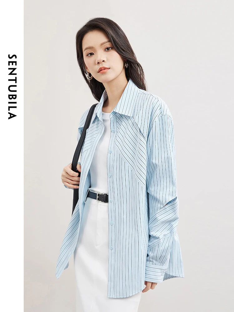 SENTUBILA Irregular Striped Blouse Hollow Out Casual Button Up Polo Collar