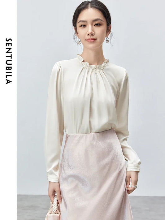 SENTUBILA Folds Satin Detail Blouse Autumn Chiffon Elegant Ruffled Long Sleeve Pullover