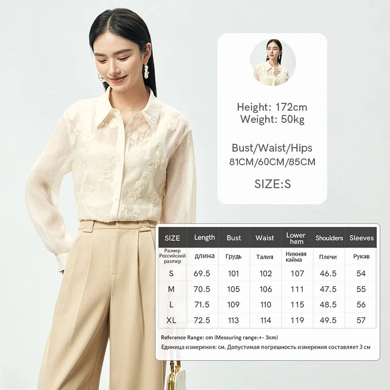 SENTUBILA Embroidery Button Up Shirts & Blouse Apricot Elegant Thin Long Sleeve