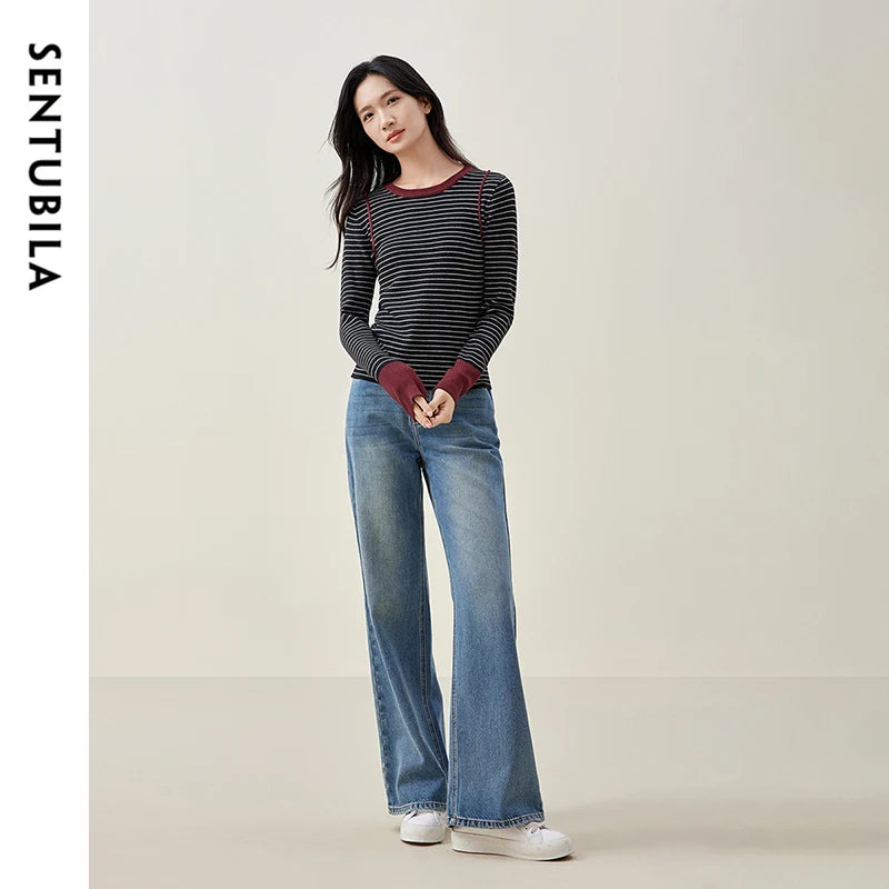 SENTUBILA Spliced Striped Knitted Retro Style O Neck Long Sleeve Cozy Slim Fit Knitwear