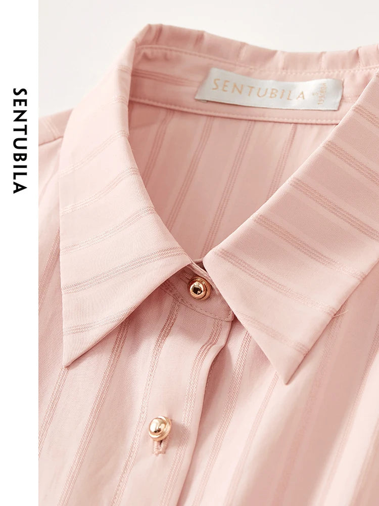 SENTUBILA Sweet Striped Polo Collar French Style Elegant Button Up