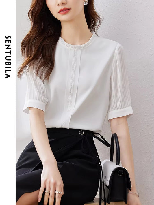 SENTUBILA Summer Chiffon White Shirt Pleated Short Sleeve Elegant Basic Shirts & Blouse