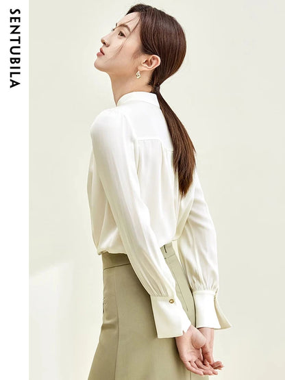 SENTUBILA Bow Tie Shirts & Blouses Elegant Chiffon Blouse V Neck